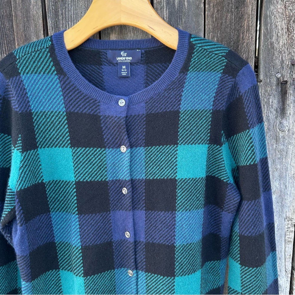 Lands’ End Plaid Cashmere Crewneck Cardigan Blue Green Black M - Picture 4 of 14